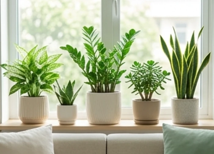 Năm chậu cây phong thủy đại diện cho ngũ hành Kim Thủy Mộc Hỏa Thổ đặt hài hòa trong phòng khách hiện đại