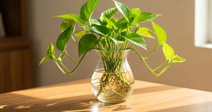 Chậu cây Trầu Bà thủy sinh đặt tại góc bàn mang lại luồng sinh khí thanh lọc không gian
