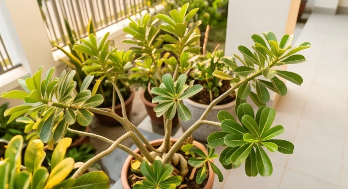 Chậu cây cảnh lá sáp dày phát triển khỏe mạnh dưới ánh nắng gắt trực tiếp ngoài khoảng sân trước nhà