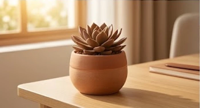 Chậu cây sen đá nâu bằng gốm sứ đặt trên bàn làm việc giúp ổn định năng lượng Thổ cho bản mệnh Thành Đầu Thổ