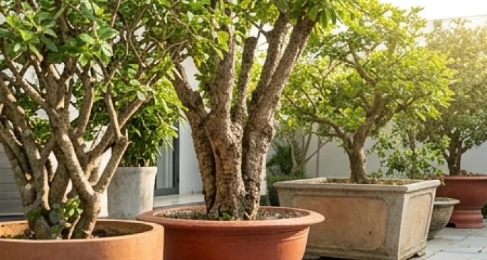 Các chậu cây thân gỗ lớn với lớp vỏ sần sùi dày cách nhiệt phát triển khỏe mạnh dưới nắng gắt giữa sân vườn