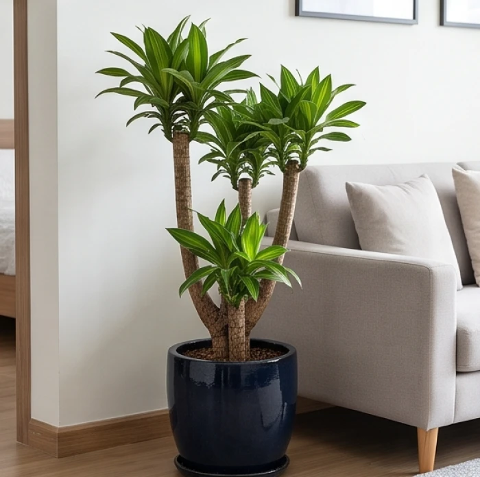 Chậu cây thiết mộc lan với thân gỗ vươn thẳng cùng tán lá xanh bóng đặt cạnh sofa phòng khách