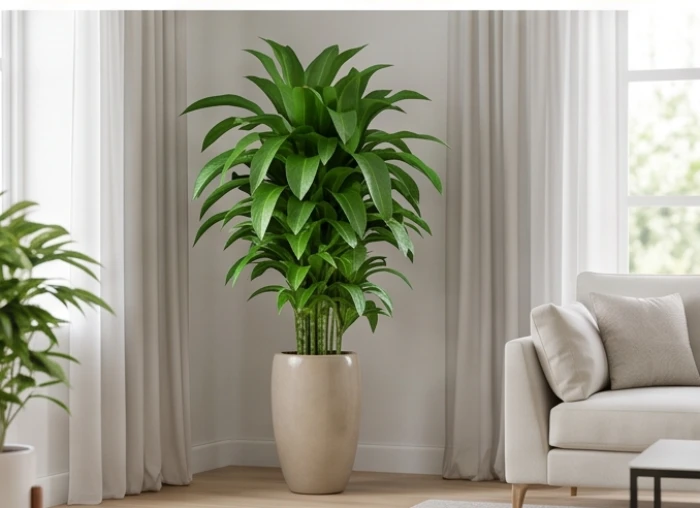 Chậu cây thiết mộc lan tán rộng đặt tại góc chéo 45 độ trong phòng khách hiện đại để giữ vững tài lộc cho gia đình