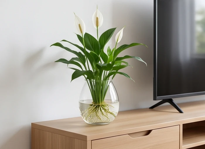Bình thủy tinh trong suốt trồng cây lan ý khoe rễ khỏe mạnh đặt trên kệ tivi ở phòng khách gia đình