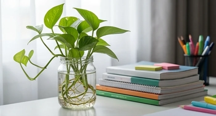 Chậu cây trầu bà thủy sinh xanh tốt đặt cạnh chồng sách và đèn trên bàn học gọn gàng