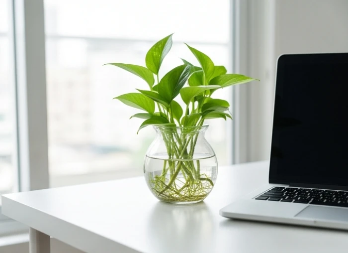 Chậu cây thủy sinh nhỏ với rễ cây khỏe mạnh đặt trên góc bàn làm việc cạnh máy tính