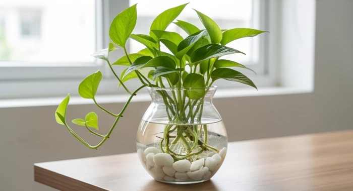 Chậu cây trầu bà thủy sinh trong bình thủy tinh rải sỏi trắng trên bàn học đặt chuẩn phong thủy cho tuổi 2005