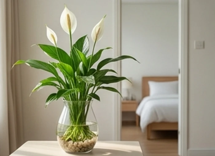 Chậu cây lan ý trồng trong bình thủy tinh trong suốt đặt ngay cạnh lối ra vào của căn phòng ngủ