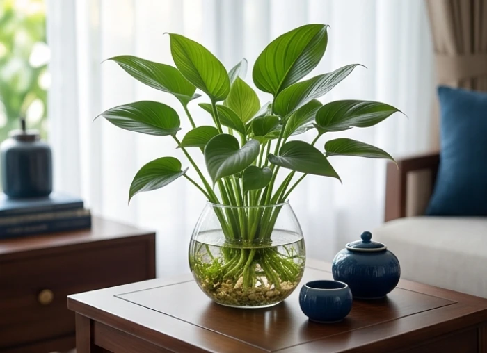 Chậu cây thủy sinh tán lá rộng xanh mướt đặt trong phòng khách hợp màu phong thủy tuổi Quý Sửu 1973