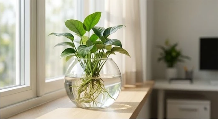 Chậu cây thủy sinh xanh tốt đặt tại góc văn phòng giúp điều hòa năng lượng xung khắc và nuôi dưỡng sinh khí