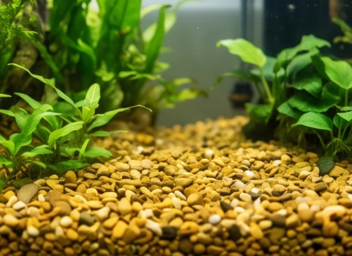 Cấu trúc bể cá cảnh cân bằng ngũ hành với lớp sỏi nền tơi xốp và những cụm cây xanh mướt