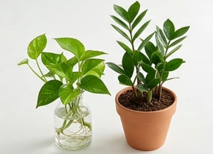 Hai chậu cây mini trên bàn, một trồng trong đất nung vững chắc, một trồng trong bình thủy tinh sạch sẽ
