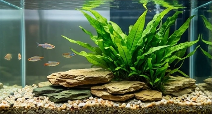 Lớp sỏi nền tự nhiên kết hợp cùng cụm cây dương xỉ xanh mướt dưới đáy bể cá kính