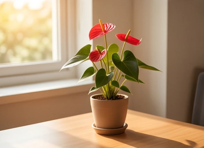 Chậu cây hoa Hồng Môn với những chiếc lá đỏ rực rỡ vươn lên tươi tốt trên bàn làm việc ngập tràn ánh sáng