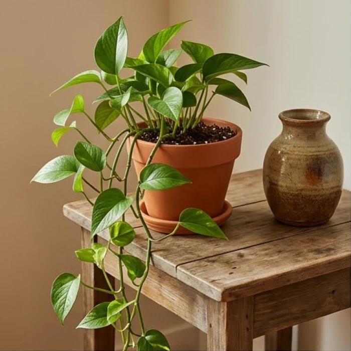 Chậu cây trầu bà kết hợp cùng bình gốm sứ trang trí giúp hóa giải xung khắc Thủy Thổ trong nhà