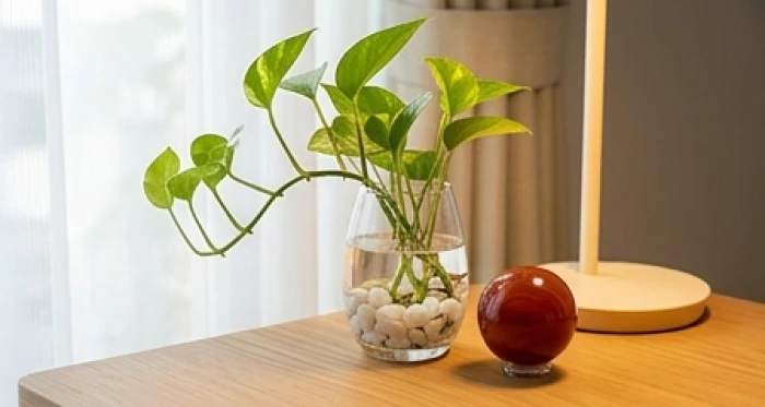Chậu cây trầu bà thủy sinh và quả cầu đá mã não đỏ đặt trên góc bàn học cạnh đèn chiếu sáng