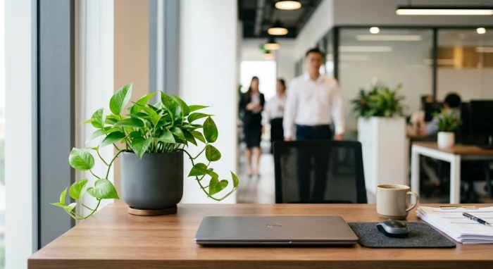 Chậu cây Trầu Bà xanh tốt đặt tại bàn làm việc văn phòng hướng ra cửa chính để hóa giải thị phi