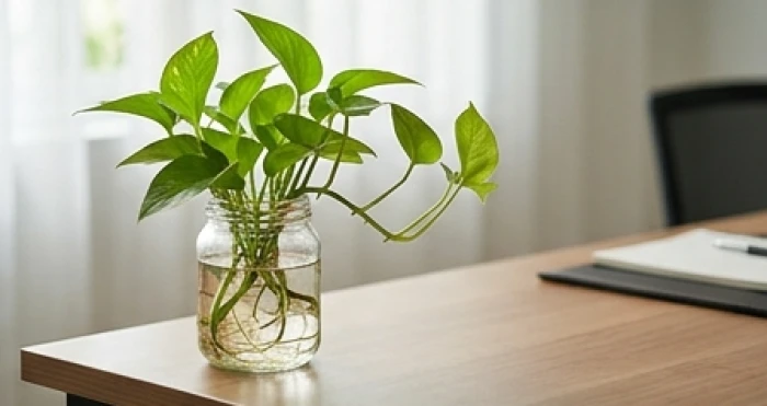 Chậu cây trầu bà thủy sinh nhỏ đặt ở góc bên trái bàn làm việc văn phòng giúp hóa giải cục diện Lục Hại tuổi Sửu