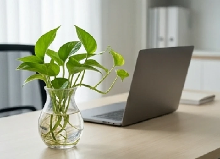Chậu cây Trầu Bà thủy sinh xanh mát đặt tại góc trái bàn làm việc văn phòng ngăn nắp gọn gàng