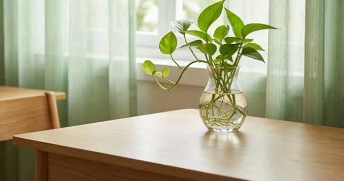 Chậu cây Trầu Bà thủy sinh nhỏ gọn đặt trên góc bàn học hướng ra cửa sổ