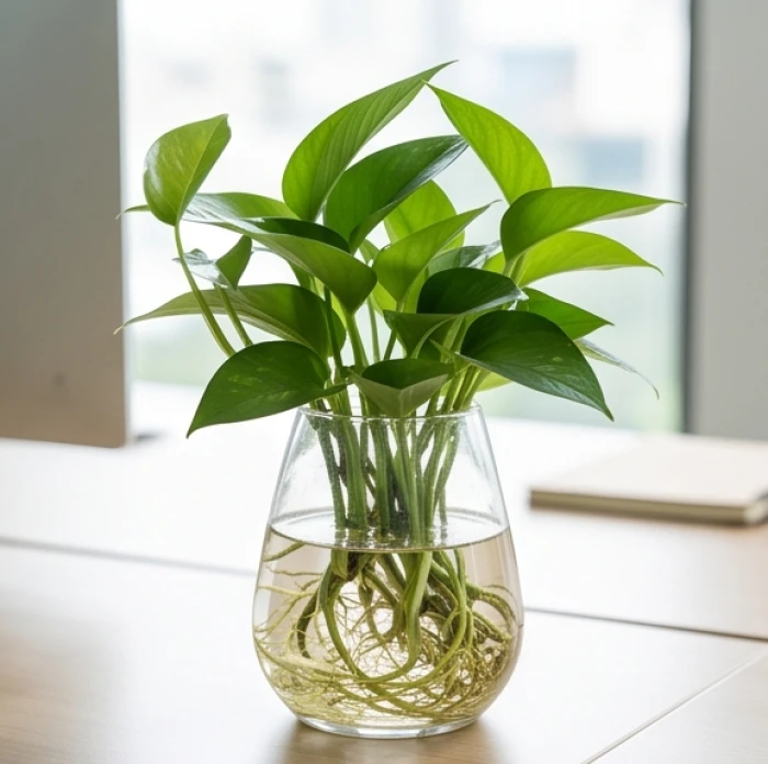 Bình trầu bà xanh thủy sinh lộ rõ bộ rễ trắng muốt trong nước sạch đặt bên góc bàn làm việc
