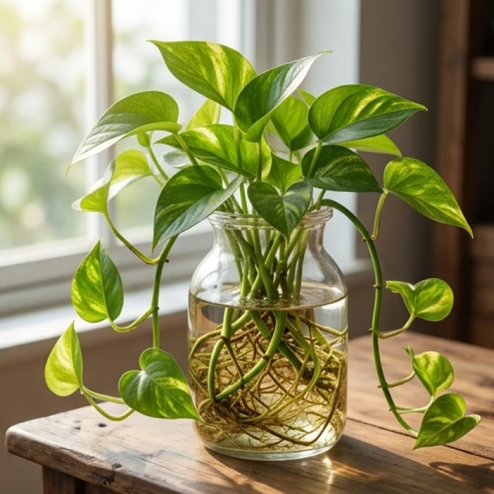 Bình cây trầu bà thủy sinh tươi tốt được đặt ở góc bên trái bàn làm việc để kích hoạt tài lộc.