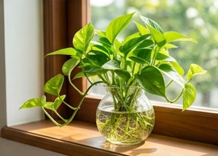 Bình trầu bà xanh thủy sinh trong suốt đặt cạnh cửa sổ phòng ngủ giúp cân bằng độ ẩm và dưỡng mộc khí