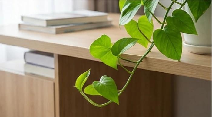 Chậu cây Trầu Bà xanh với các nhánh lá hình tim rủ xuống tự nhiên bên cạnh bàn học gọn gàng