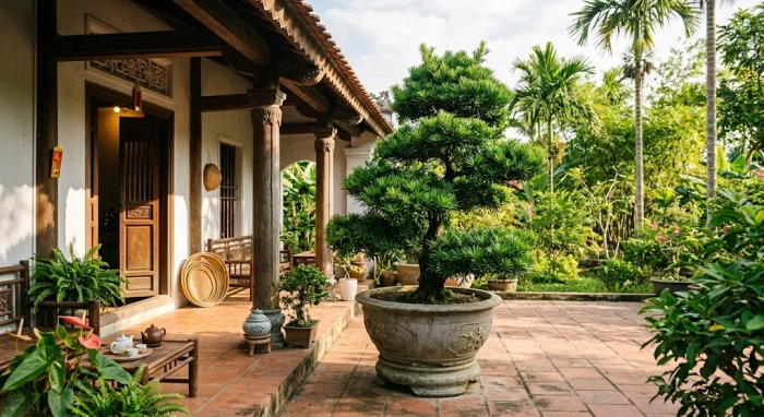 Chậu cây trồng ngoài sân hợp tuổi dần được bố trí hài hòa trước hiên nhà giúp thu hút vượng khí