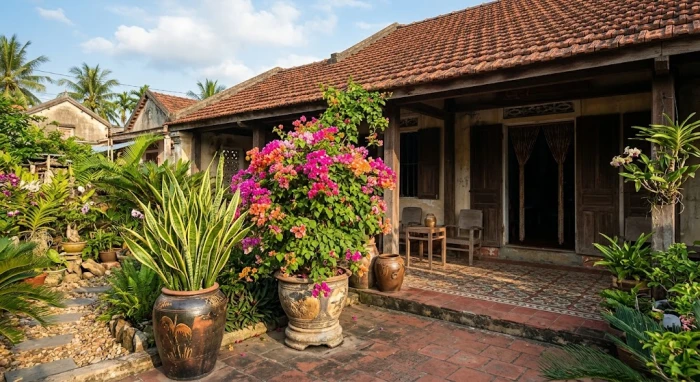 Chậu hoa giấy và lưỡi hổ viền vàng rực rỡ dưới nắng là cây trồng ngoài sân hợp tuổi dậu giúp thu hút sinh khí