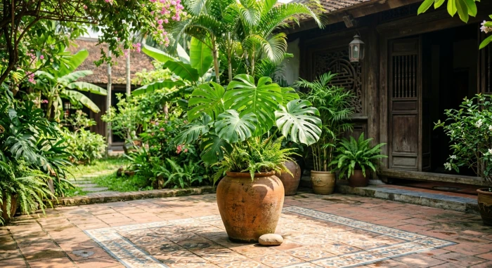 Không gian sân vườn xanh mát với các loại cây trồng ngoài sân hợp tuổi hợi mang lại vượng khí cho gia chủ