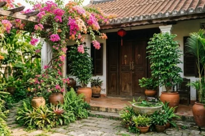 Không gian vườn xanh mát với các loại cây trồng ngoài sân hợp tuổi mùi giúp cân bằng phong thủy và thu hút sinh khí