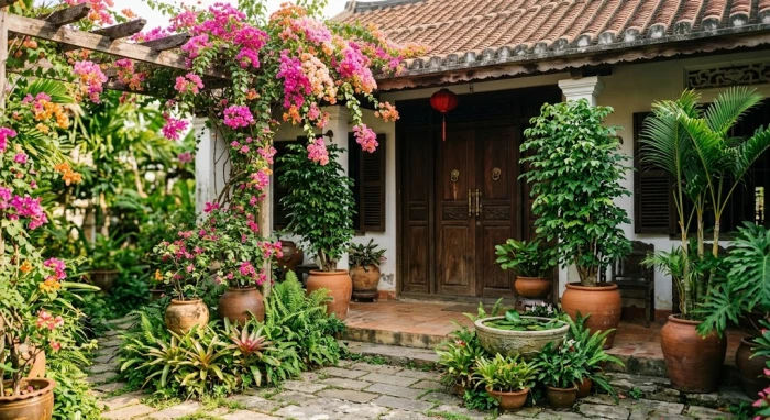Không gian vườn xanh mát với các loại cây trồng ngoài sân hợp tuổi mùi giúp cân bằng phong thủy và thu hút sinh khí