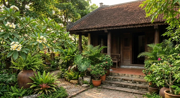 Khu vườn ngập nắng với hoa sứ trắng và mai vạn phúc là các cây trồng ngoài sân hợp tuổi Sửu giúp đón vượng khí