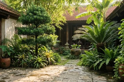 Khoảng sân vườn rực rỡ nắng với các loại cây trồng ngoài sân hợp tuổi thân mang lại sinh khí dồi dào
