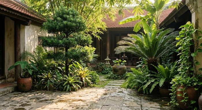 Khoảng sân vườn rực rỡ nắng với các loại cây trồng ngoài sân hợp tuổi thân mang lại sinh khí dồi dào