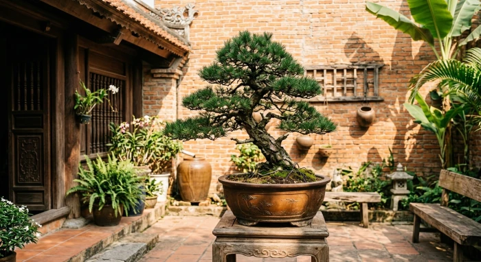 Chậu cây Tùng La Hán xanh tốt là mẫu cây trồng ngoài sân hợp tuổi thìn giúp thu hút vượng khí và cản gió độc