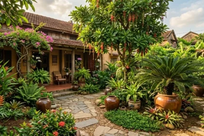 Thiết kế cảnh quan sân vườn với cây trồng ngoài sân hợp tuổi tuất dưới ánh nắng tự nhiên rực rỡ