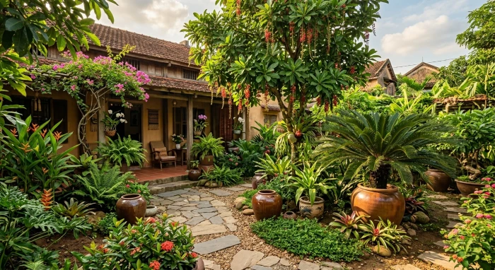Thiết kế cảnh quan sân vườn với cây trồng ngoài sân hợp tuổi tuất dưới ánh nắng tự nhiên rực rỡ