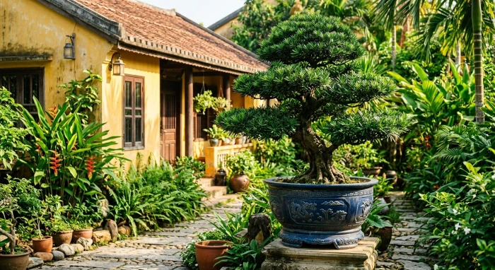 Khu vườn với các loại cây trồng ngoài sân hợp tuổi tý chịu nắng tốt trước hiên nhà