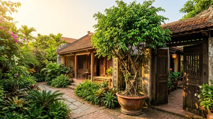 Không gian mặt tiền xanh mát với các loại cây trồng ngoài sân hợp tuổi tỵ giúp thu hút vượng khí
