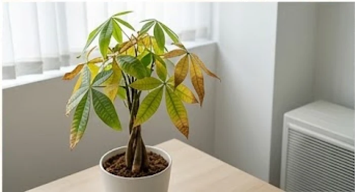 Chậu cây kim ngân để bàn có các lá bị chuyển sang màu vàng úa và mép lá khô giòn do luồng gió điều hòa thổi trực tiếp