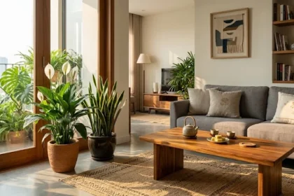 Không gian phòng khách hiện đại tại Việt Nam trang trí cây trồng trong nhà hợp tuổi hợi giúp thu hút tài lộc