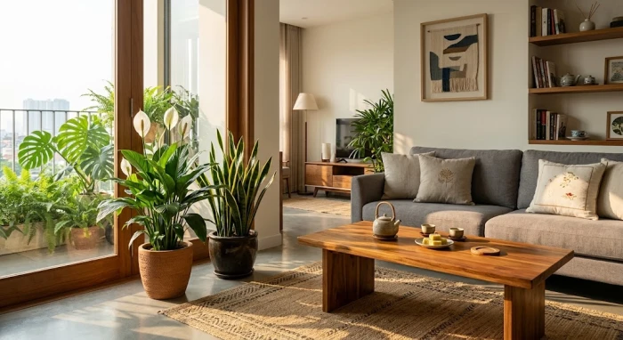 Không gian phòng khách hiện đại tại Việt Nam trang trí cây trồng trong nhà hợp tuổi hợi giúp thu hút tài lộc