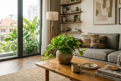 Không gian phòng khách trang trí các loại cây trồng trong nhà hợp tuổi ngọ giúp thu hút tài lộc và cân bằng sinh khí