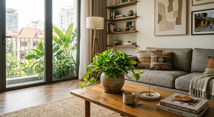 Không gian phòng khách trang trí các loại cây trồng trong nhà hợp tuổi ngọ giúp thu hút tài lộc và cân bằng sinh khí