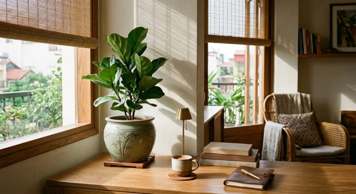 Chậu cây trồng trong nhà hợp tuổi Sửu được bày trí tinh tế trên bàn làm việc giúp thu hút vượng khí