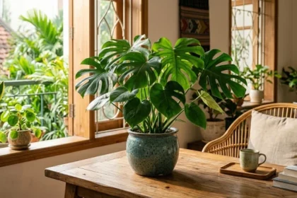 Chậu cây trồng trong nhà hợp tuổi thìn đặt trên bàn làm việc bằng gỗ tại không gian nội thất ngập tràn ánh sáng