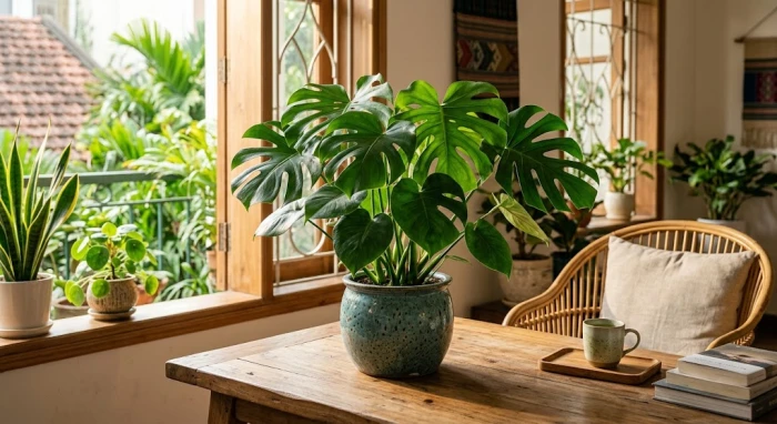 Chậu cây trồng trong nhà hợp tuổi thìn đặt trên bàn làm việc bằng gỗ tại không gian nội thất ngập tràn ánh sáng