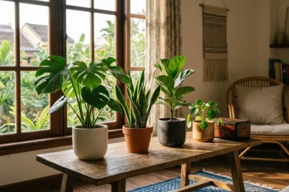 Các mẫu cây trồng trong nhà hợp tuổi Tuất được bố trí đẹp mắt trong không gian phòng khách hiện đại